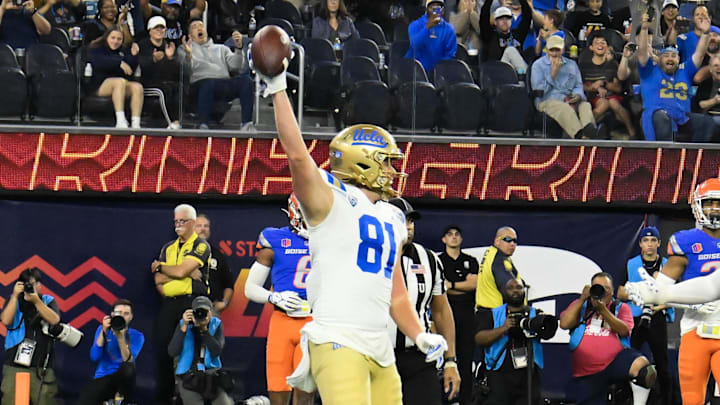 Dec 16, 2023; Inglewood, CA, USA; UCLA Bruins tight end Hudson Habermehl (81) celebrates after scoring a touchdown against the Boise State Broncos during the first quarter of the Starco Brands LA Bowl at SoFi Stadium. Mandatory Credit: Robert Hanashiro-Imagn Images Dec 16, 2023; Inglewood, CA, USA; UCLA Bruins tight end Hudson Habermehl (81) celebrates after scoring a touchdown against the Boise State Broncos during the first quarter of the Starco Brands LA Bowl at SoFi Stadium. Mandatory Credit: Robert Hanashiro-Imagn Images