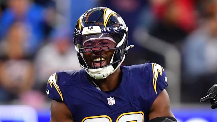 Los Angeles Chargers edge rusher Odafe Oweh reacts after a defensive play against the Houston Texans