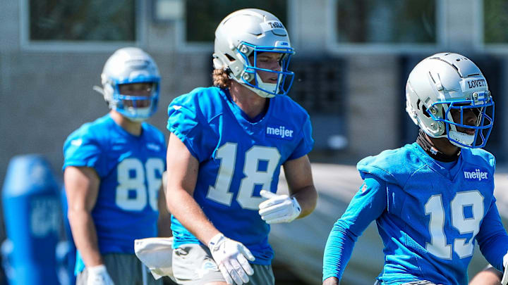 Detroit Lions wide receivers Dominic Lovett (19) and Isaac TeSlaa (18) practice during rookie minicamp at Meijer Performance Center in Allen Park on Friday, May 9, 2025.