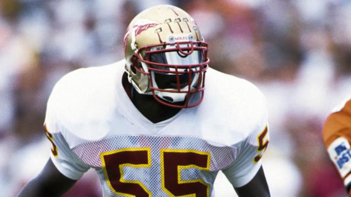 Oct 3 1992; Miami Gardens, FL, USA; FILE PHOTO; Florida State Seminoles linebacker Marvin Jones (55) in action against the Miami Hurricanes at the Orange Bowl. Mandatory Credit: RVR Photos-Imagn Images 