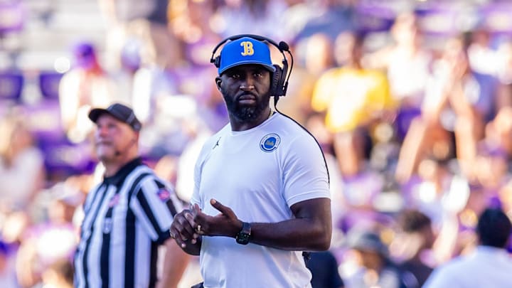 Sep 21, 2024; Baton Rouge, Louisiana, USA; UCLA Bruins head coach DeShaun Foster looks on during the second half against the LSU Tigers at Tiger Stadium. Mandatory Credit: Stephen Lew-Imagn Images Sep 21, 2024; Baton Rouge, Louisiana, USA; UCLA Bruins head coach DeShaun Foster looks on during the second half against the LSU Tigers at Tiger Stadium. Mandatory Credit: Stephen Lew-Imagn Images