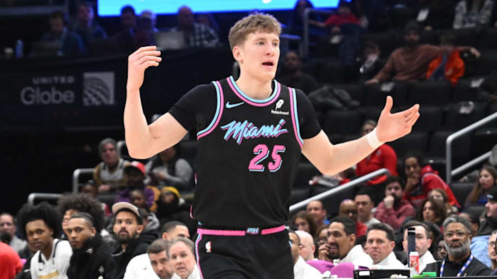 Miami Heat guard Kasparas Jakucionis (25) reacts (Mandatory Credit: Rafael Suanes-Imagn Images)