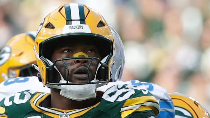 Green Bay Packers defensive end Rashan Gary reacts during the season opener against the Detroit Lions.