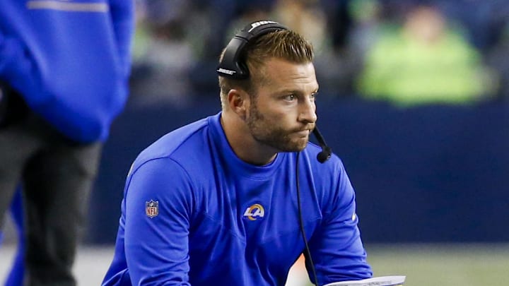 Oct 7, 2021; Seattle, Washington, USA; Los Angeles Rams head coach Sean McVay watches from the sideline during the third quarter against the Seattle Seahawks at Lumen Field. Mandatory Credit: Joe Nicholson-Imagn Images
