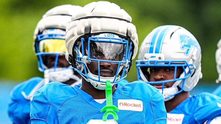 Detroit Lions cornerback Terrion Arnold (6) watches practice during training camp at Allen Park Performance Center 
