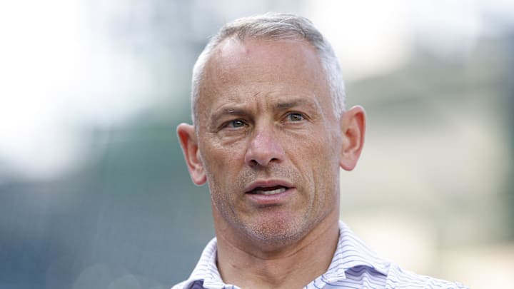 Jul 3, 2025; Chicago, Illinois, USA; Chicago Cubs president of baseball operations Jed Hoyer speaks before a baseball game between the Chicago Cubs and Cleveland Guardians at Wrigley Field. Mandatory Credit: Kamil Krzaczynski-Imagn Images