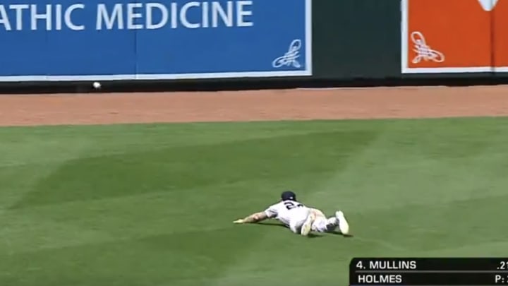 New York Yankees left fielder Alex Verdugo fails to make a play on a fly ball against the Baltimore Orioles.