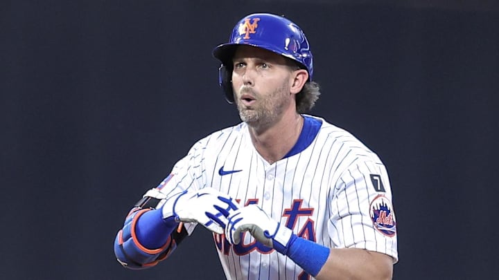 Jun 25, 2025; New York City, New York, USA;  New York Mets center fielder Jeff McNeil (1) gestures after hitting a double in the fourth inning against the Atlanta Braves at Citi Field. Mandatory Credit: Wendell Cruz-Imagn Images