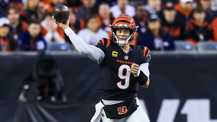 Dec 28, 2024; Cincinnati, Ohio, USA; Cincinnati Bengals quarterback Joe Burrow (9) throws a pass against the Denver Broncos in the first half at Paycor Stadium. Mandatory Credit: Katie Stratman-Imagn Images