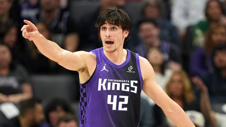 Apr 3, 2026; Sacramento, California, USA; Sacramento Kings center Maxime Raynaud (42) gestures after scoring against the New Orleans Pelicans during the second quarter at Golden 1 Center. Mandatory Credit: Darren Yamashita-Imagn Images