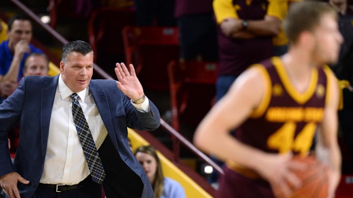 Dec 20, 2016; Tempe, AZ, USA; Creighton Bluejays head coach Greg McDermott reacts as Arizona State Sun Devils guard Kodi Justice (44) controls the ball during the first half at Wells-Fargo Arena. Creighton won 96-85. Mandatory Credit: Joe Camporeale-Imagn Images