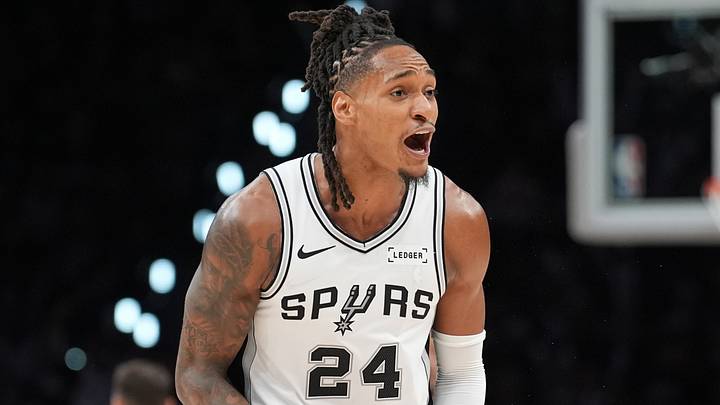 Oct 20, 2026; San Antonio, Texas, USA;  San Antonio Spurs guard Devin Vassell (24) celebrates in the second half against the Oklahoma City Thunder at Frost Bank Center.  Mandatory Credit: Daniel Dunn-Imagn Images