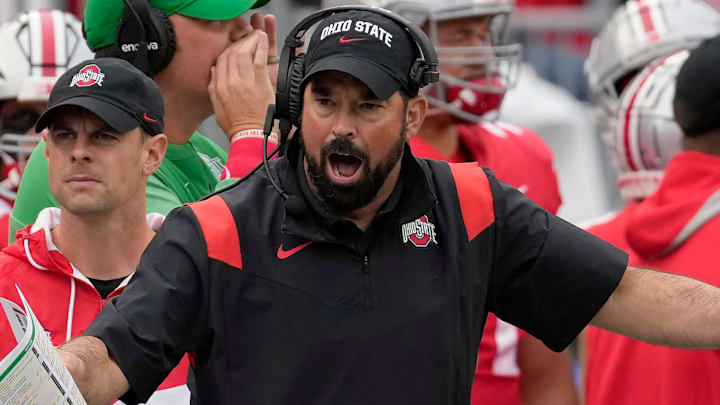 Ohio State Buckeyes head coach Ryan Day reacts to a call against the Rutgers Scarlet Knights. Ohio State Buckeyes head coach Ryan Day reacts to a call against the Rutgers Scarlet Knights.