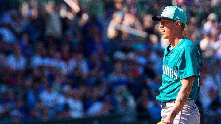 Mar 8, 2025; Mesa, Arizona, USA; Seattle Mariners pitcher Casey Legumina (64) on the mound to pitch in the third inning of a spring training game against the Chicago Cubs at Sloan Park. Mar 8, 2025; Mesa, Arizona, USA; Seattle Mariners pitcher Casey Legumina (64) on the mound to pitch in the third inning of a spring training game against the Chicago Cubs at Sloan Park.