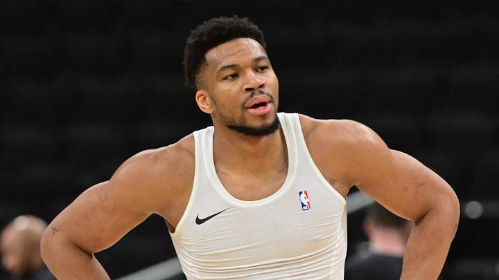 Apr 3, 2026; Milwaukee, Wisconsin, USA;  Milwaukee Bucks forward Giannis Antetokounmpo (34) warms up before the game against the Boston Celtics at Fiserv Forum. Mandatory Credit: Benny Sieu-Imagn Images
