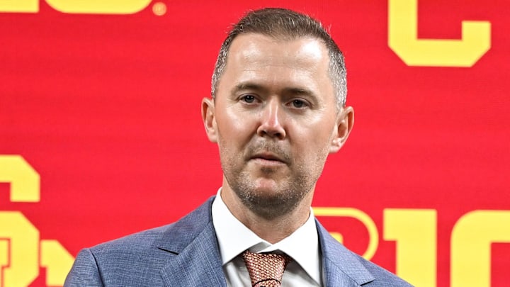 Jul 24, 2024; Indianapolis, IN, USA;  USC Trojans head coach Lincoln Riley speaks to the media during the Big 10 football media day at Lucas Oil Stadium. Mandatory Credit: Robert Goddin-Imagn Images