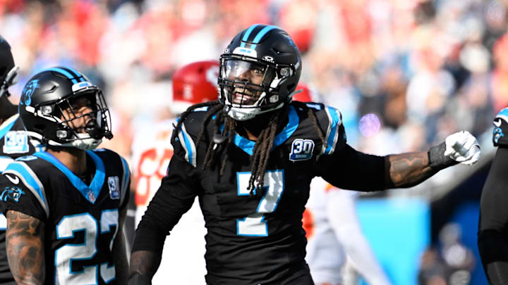 Carolina Panthers linebacker Jadeveon Clowney (7) reacts after a sack in the second quarter at Bank of America Stadium Carolina Panthers linebacker Jadeveon Clowney (7) reacts after a sack in the second quarter at Bank of America Stadium