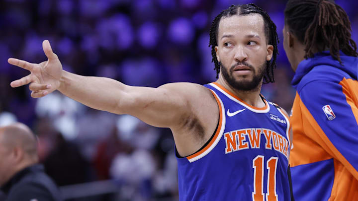 May 1, 2025; Detroit, Michigan, USA; New York Knicks guard Jalen Brunson (11) celebrates his three point basket in the fourth quarter against the Detroit Pistons during game six of first round for the 2024 NBA Playoffs at Little Caesars Arena. Mandatory Credit: Rick Osentoski-Imagn Images May 1, 2025; Detroit, Michigan, USA; New York Knicks guard Jalen Brunson (11) celebrates his three point basket in the fourth quarter against the Detroit Pistons during game six of first round for the 2024 NBA Playoffs at Little Caesars Arena. Mandatory Credit: Rick Osentoski-Imagn Images