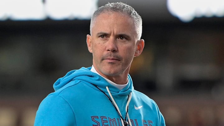 Nov 1, 2025; Tallahassee, Florida, USA; Florida State Seminoles head coach Mike Norvell looks on before the game against the Wake Forest Demon Deacons at Doak S. Campbell Stadium. Mandatory Credit: Melina Myers-Imagn Images