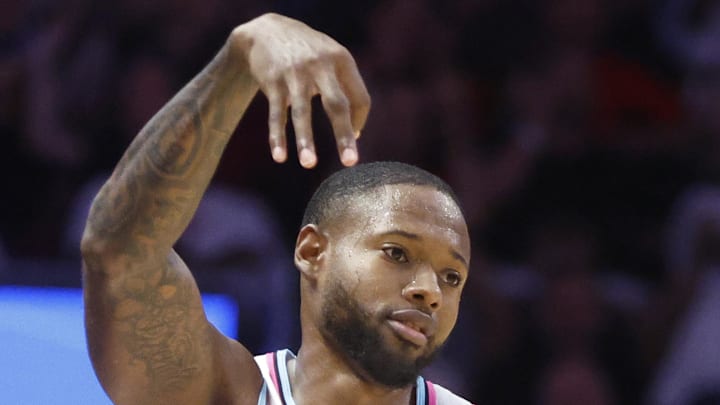 Mar 27, 2025; Miami, Florida, USA; Miami Heat forward Haywood Highsmith (24) reacts against the Atlanta Hawks during the second half at Kaseya Center. Mandatory Credit: Rhona Wise-Imagn Images Mar 27, 2025; Miami, Florida, USA; Miami Heat forward Haywood Highsmith (24) reacts against the Atlanta Hawks during the second half at Kaseya Center. Mandatory Credit: Rhona Wise-Imagn Images
