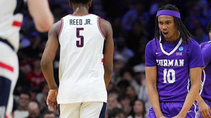 Mar 20, 2026; Philadelphia, PA, USA; Furman Paladins guard Alex Wilkins (10) reacts in the first half during a first round game of the men's 2026 NCAA Tournament at Xfinity Mobile Arena. Mandatory Credit: Kyle Ross-Imagn Images Mar 20, 2026; Philadelphia, PA, USA; Furman Paladins guard Alex Wilkins (10) reacts in the first half during a first round game of the men's 2026 NCAA Tournament at Xfinity Mobile Arena. Mandatory Credit: Kyle Ross-Imagn Images