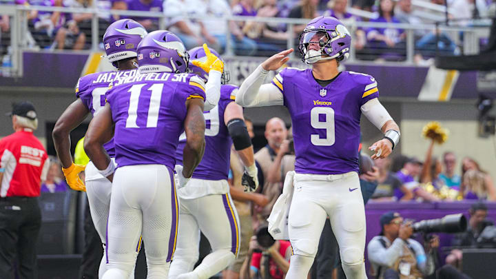 Aug 10, 2024; Minneapolis, Minnesota, USA; Minnesota Vikings quarterback J.J. McCarthy (9) celebrates wide receiver Trent Sherfield Sr. (11) touchdown against the Las Vegas Raiders in the third quarter at U.S. Bank Stadium. Aug 10, 2024; Minneapolis, Minnesota, USA; Minnesota Vikings quarterback J.J. McCarthy (9) celebrates wide receiver Trent Sherfield Sr. (11) touchdown against the Las Vegas Raiders in the third quarter at U.S. Bank Stadium.