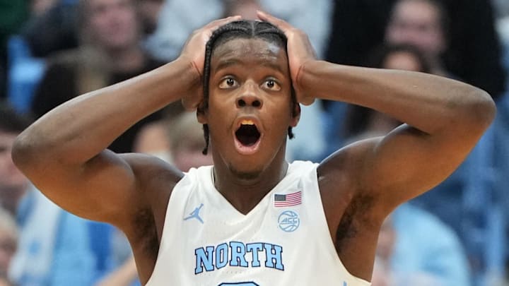 Jan 21, 2026; Chapel Hill, North Carolina, USA; North Carolina Tar Heels forward Caleb Wilson (8) reacts in the second half at Dean E. Smith Center. Mandatory Credit: Bob Donnan-Imagn Images