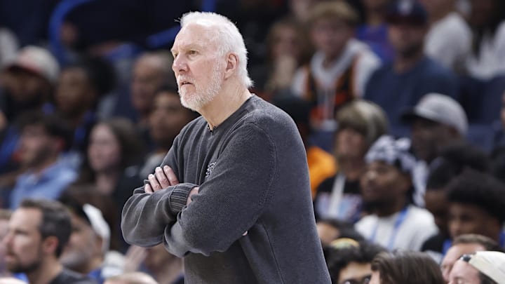 Oct 30, 2024; Oklahoma City, Oklahoma, USA; San Antonio Spurs head coach Gregg Popovich watches his team play against the Oklahoma City Thunder during the second half at Paycom Center.