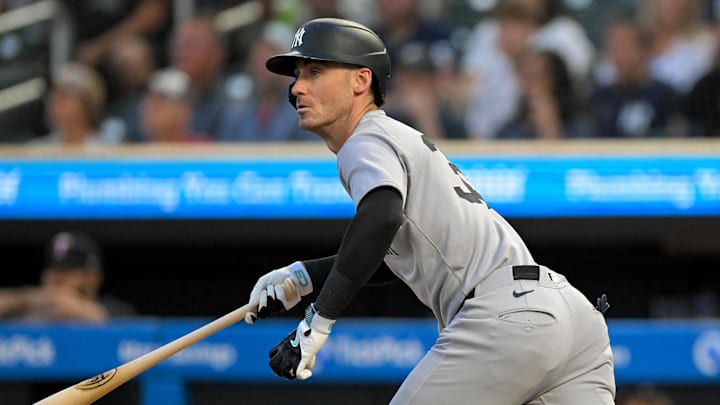 Sep 17, 2025; Minneapolis, Minnesota, USA; New York Yankees outfielder Cody Bellinger (35) hits a RBI-single against the Minnesota Twins during the first inning at Target Field. Mandatory Credit: Nick Wosika-Imagn Images Sep 17, 2025; Minneapolis, Minnesota, USA; New York Yankees outfielder Cody Bellinger (35) hits a RBI-single against the Minnesota Twins during the first inning at Target Field. Mandatory Credit: Nick Wosika-Imagn Images