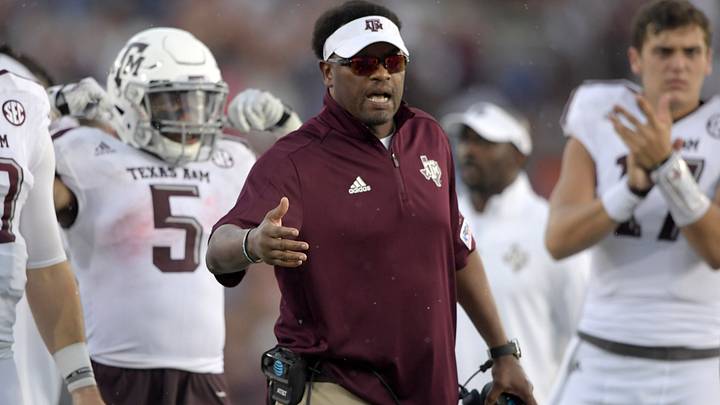 Sep 3, 2017; Pasadena, CA, USA; Texas A&M Aggies head coach Kevin Sumlin reacts during a NCAA football game against the UCLA Bruins at Rose Bowl. Mandatory Credit: Kirby Lee-USA TODAY Sports Sep 3, 2017; Pasadena, CA, USA; Texas A&M Aggies head coach Kevin Sumlin reacts during a NCAA football game against the UCLA Bruins at Rose Bowl. Mandatory Credit: Kirby Lee-USA TODAY Sports