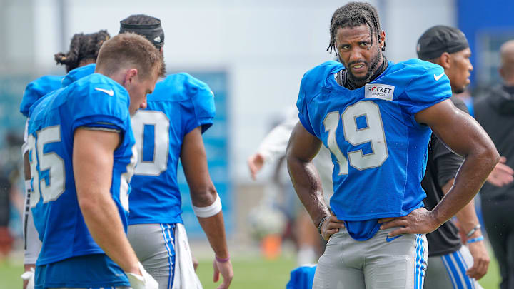 WR Donovan Peoples-Jones looks on at the end of practice during the Detroit Lions training camp at the Lions headquarters in Allen Park, MI.