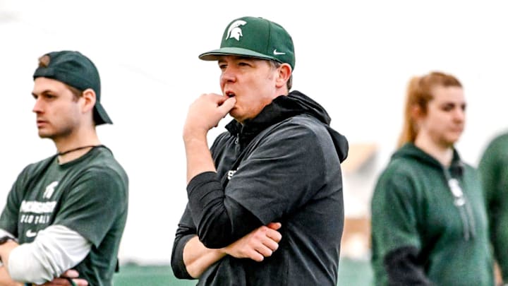 Michigan State quarterbacks coach Jon Boyer looks on during football practice on Tuesday, April 8, 2025, in East Lansing.