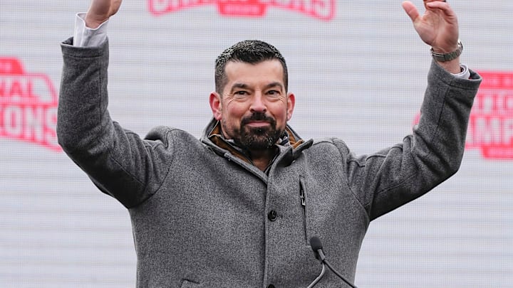 Head coach Ryan Day fires up the crowd during the Ohio State Buckeyes College Football Playoff National Championship celebration at Ohio Stadium in Columbus on Jan. 26, 2025. Head coach Ryan Day fires up the crowd during the Ohio State Buckeyes College Football Playoff National Championship celebration at Ohio Stadium in Columbus on Jan. 26, 2025.