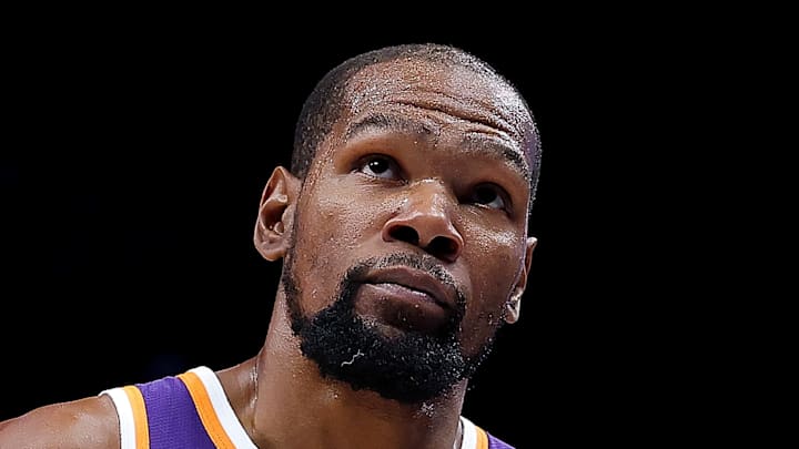 Kevin Durant #35 of the Phoenix Suns looks on against the Atlanta Hawks.