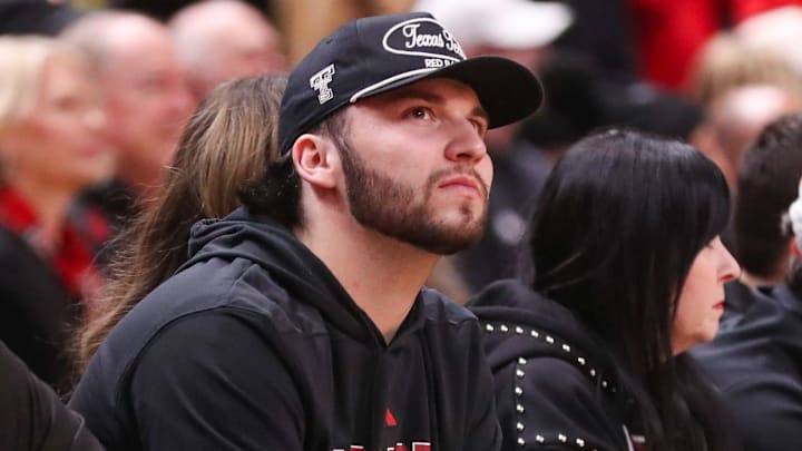 Texas Tech football team quarterback Brendan Sorbsy looks on during a Big 12 Conference men's basketball game, Saturday, Jan. 24, 2026, in United Supermarkets Arena.