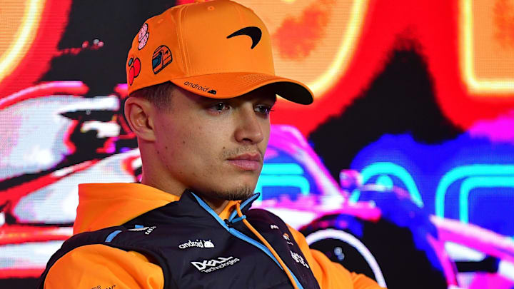Nov 15, 2023; Las Vegas, Nevada, USA; McLaren F1 Team driver Lando Norris of Great Britain during media availabilities at Las Vegas Strip Circuit. Mandatory Credit: Gary A. Vasquez-USA TODAY Sports Nov 15, 2023; Las Vegas, Nevada, USA; McLaren F1 Team driver Lando Norris of Great Britain during media availabilities at Las Vegas Strip Circuit. Mandatory Credit: Gary A. Vasquez-USA TODAY Sports