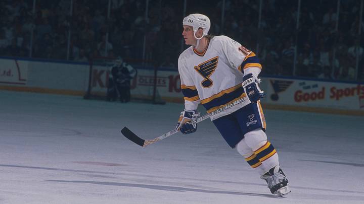 St. Louis Blues' right wing Brett Hull #18 skates during a game. (Photo by Focus on Sport via Getty Images)
