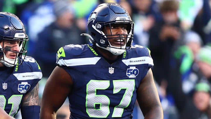 Seattle Seahawks running back Kenneth Walker III (9) celebrates after running for a touchdown in the first half against the Los Angeles Rams in the 2026 NFC Championship Game at Lumen Field.