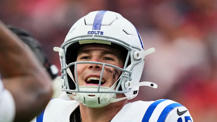 Riley Leonard of the Indianapolis Colts smiles