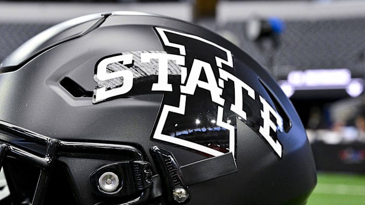 Jul 12, 2023; Arlington, TX, USA; A view of the Iowa State Cyclones helmet and logo during Big 12 football media day at AT&T Stadium. 