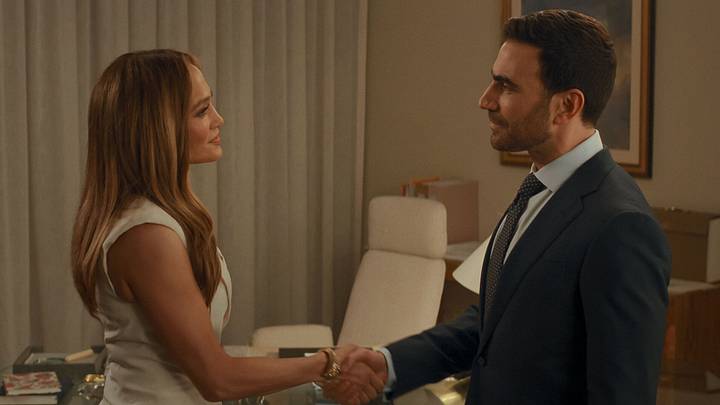 Office Romance. (L-R) Jennifer Lopez as Jackie Cruz and Brett Goldstein as Daniel Blanchflower in Office Romance Office Romance. (L-R) Jennifer Lopez as Jackie Cruz and Brett Goldstein as Daniel Blanchflower in Office Romance
