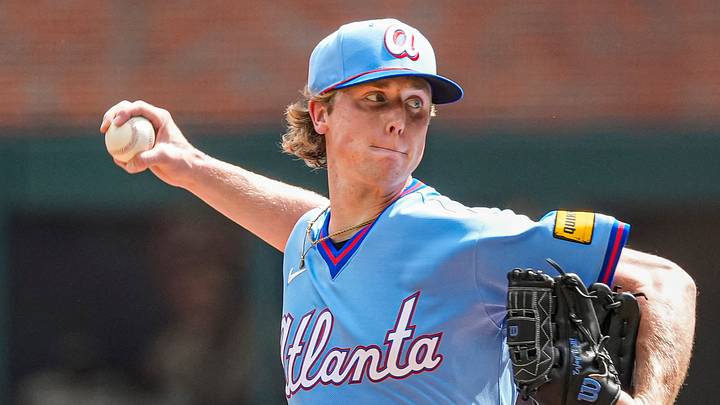 Jul 18, 2026; Cumberland, Georgia, USA; Atlanta Braves pitcher Owen Murphy (73) pitches against the Texas Rangers during the first inning at Truist Park. Mandatory Credit: Dale Zanine-Imagn Images
