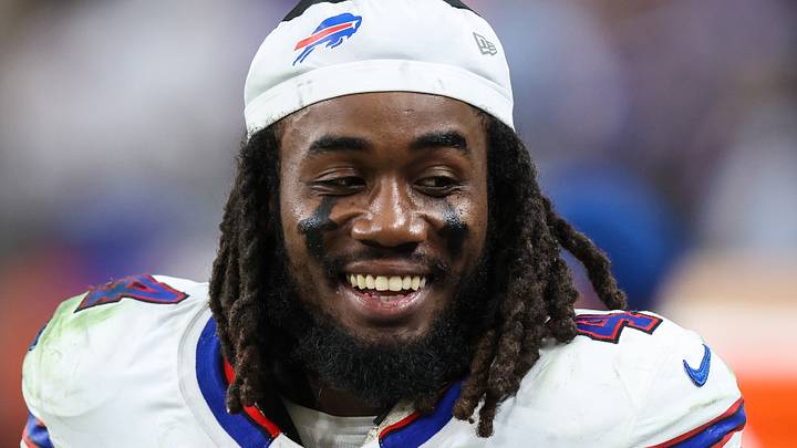 Oct 18, 2026; Paradise, Nevada, USA;  Buffalo Bills running back James Cook III (4) on the sidelines against the Las Vegas Raiders during the fourth quarter at Allegiant Stadium.  Mandatory Credit: Christopher Trim-Imagn Images