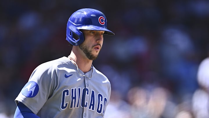 Aug 24, 2025; Anaheim, California, USA; Chicago Cubs outfielder Kyle Tucker (30) walks against the Los Angeles Angels during the fifth inning at Angel Stadium. Mandatory Credit: Jonathan Hui-Imagn Images