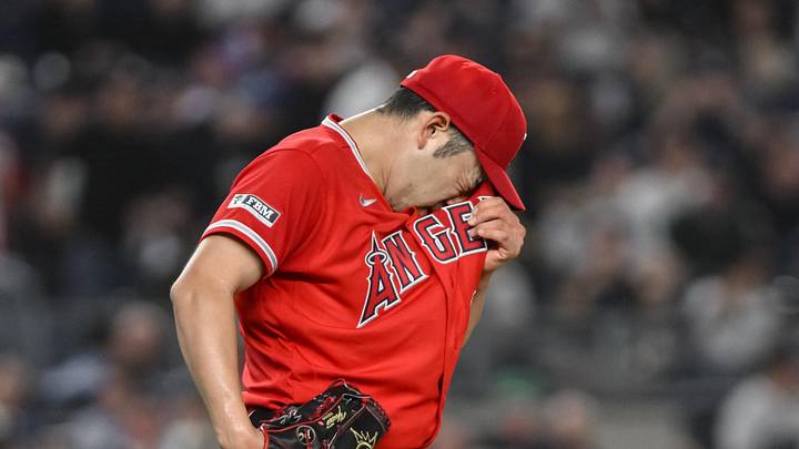 Apr 13, 2026; Bronx, New York, USA; Los Angeles Angels pitcher Yusei Kikuchi (16) reacts after giving up a base on balls to New York Yankees catcher Austin Wells (not pictured) during the second inning at Yankee Stadium. Mandatory Credit: John Jones-Imagn Images