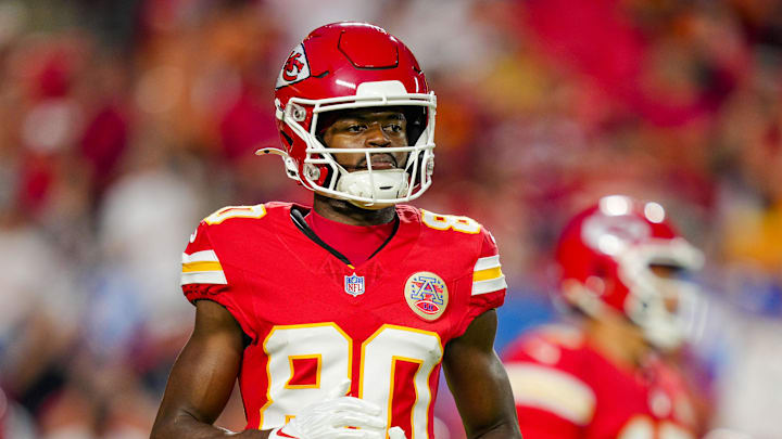 Oct 12, 2025; Kansas City, Missouri, USA; Kansas City Chiefs wide receiver Tyquan Thornton (80) warms up prior to a game against the Detroit Lions at GEHA Field at Arrowhead Stadium. Mandatory Credit: Jay Biggerstaff-Imagn Images
