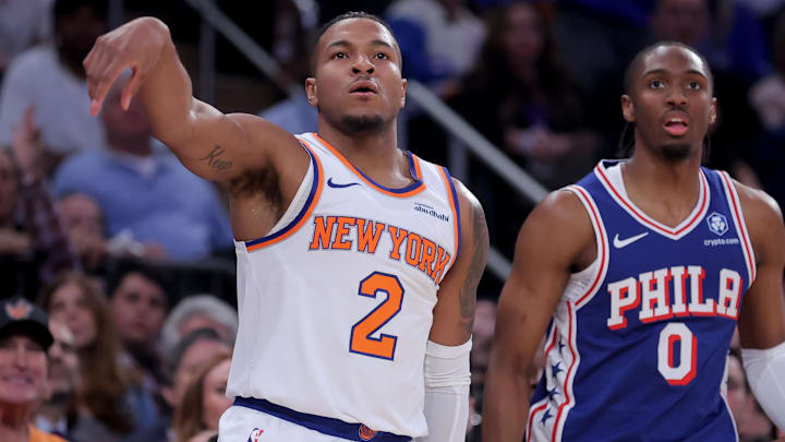 May 4, 2026; New York, New York, USA; New York Knicks guard Miles McBride (2) watches his three point shot against Philadelphia 76ers guard Tyrese Maxey (0) during the first quarter of game one of the eastern conference semifinal round of the 2026 NBA Playoffs at Madison Square Garden. Mandatory Credit: Brad Penner-Imagn Images