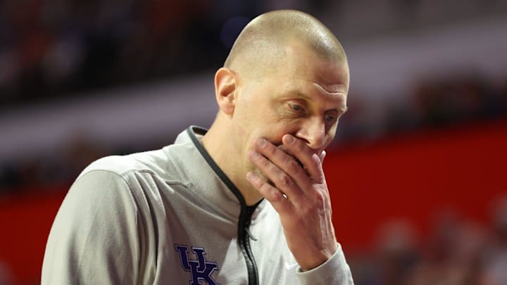 Kentucky head coach Mark Pope reacts during the first half of a NCAA mens basketball game at Steven C. O'Connell Center Exactek arena in Gainesville, FL on Saturday, February 14, 2026. [Alan Youngblood/Gainesville Sun]
