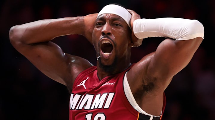 Jan 13, 2026; Miami, Florida, USA; Miami Heat center Bam Adebayo (13) reacts  (Mandatory Credit: Sam Navarro-Imagn Images)