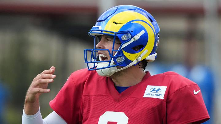Aug 11, 2026; Woodland Hills, CA, USA; Los Angeles Rams quarterback Matthew Stafford (9) gestures during a joint practice  against the Dallas Cowboys at the Rams Practice Facility. Mandatory Credit: Kirby Lee-Imagn Images